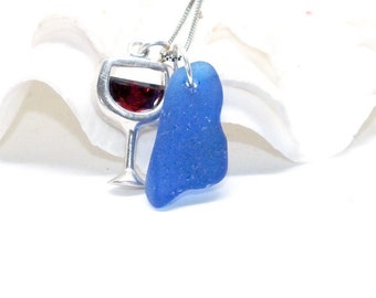 Blue Sea Glass Necklace, Sterling Wine Glass Charm Necklace, Blue Sea Glass, Sea Glass Jewelry, Lake Erie Beach Glass, Beach Gift for Mom