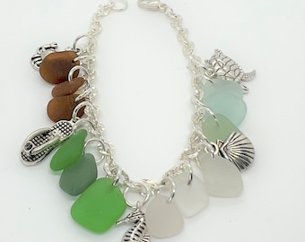 Sea Glass Chain Bracelet, Sea Glass Bracelet, Seaglass, Link Bracelet, Beach Gift, Sea Glass Gift