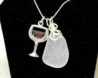 Wine Charm Necklace, Seaglass Necklace,  Sea Glass Jewelry, Wine Glass Jewelry, Sea Glass Pendant, Beach Jewelry