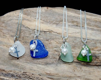 First Communion Necklace, First Communion Gift, Sterling Sea Glass Necklace, Sterling Cross Necklace, First Communion, Gift for Girl