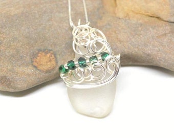 Sea Glass Pendant, Sea Glass Necklace, Embellished Necklace, St Patricks Day Jewelry, Gift For Mom