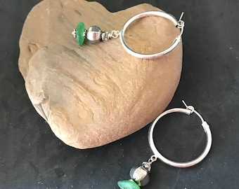 Green Seaglass Earrings, Sterling Hoop Earrings, Green Glass Earrings, Pierced Earrings, Sea Glass Earrings, Sea Glass Gift