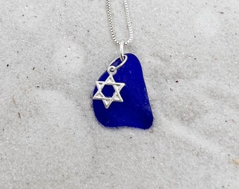 Sea Glass Jewelry, Blue Beach Glass Jewelry,  Hannukah Necklace, Star of David Jewelry, Gift For Her