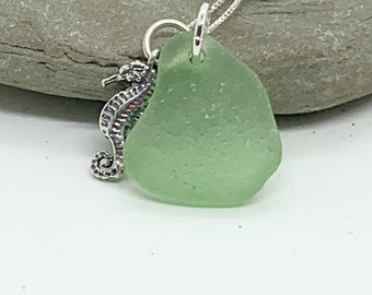 Seaglass Necklace, Green Seaglass Necklace, Sea Glass Jewelry, Seahorse Charm Necklace, Seaglass Gift for Mom