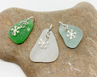 Sea Glass Snowflake Necklace, Sea Glass Necklace Snowflake Necklace, Christmas Necklace, Gift For Mom