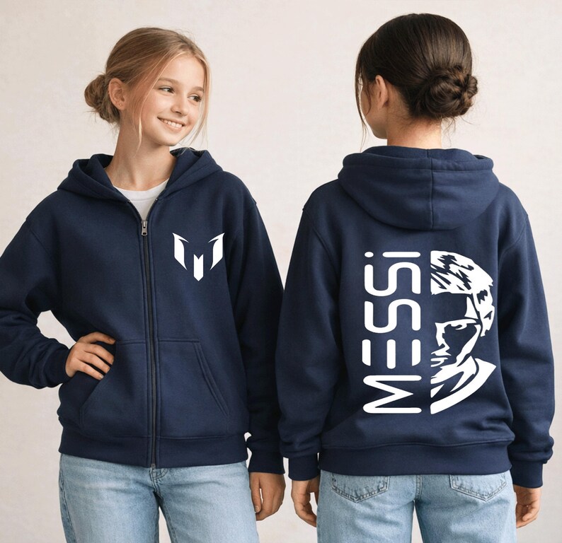 Puede incluir: Una sudadera con capucha y cremallera azul marino que presenta un logotipo blanco en el pecho izquierdo y un gran gr&aacute;fico blanco en la espalda con el texto MESSI junto a un retrato estilizado de un rostro. Incluye capucha y bolsillos.