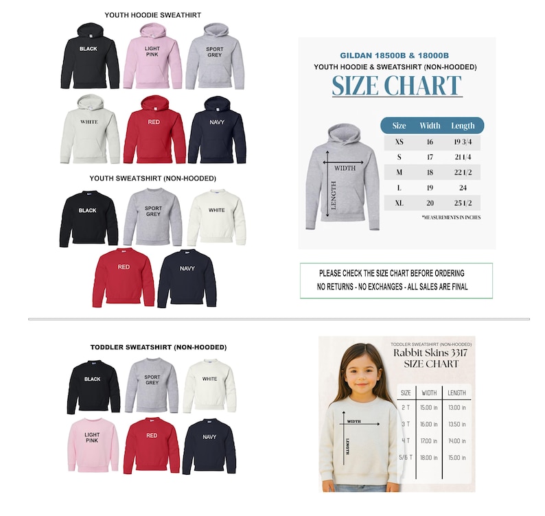Puede incluir: Una colecci&oacute;n de sudaderas con y sin capucha para j&oacute;venes en negro, rosa claro, gris deportivo, blanco, rojo y azul marino. Incluye una tabla de tallas Gildan 18500B y 18000B en pulgadas y una tabla de tallas para sudaderas de ni&ntilde;o Rabbit Skins 3317.
