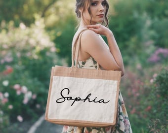 Personalized Name Jute Tote Bag Custom Script Burlap Shopper Elegant Gift