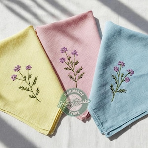 Custom Wild Vervain Flower Hand Embroidered Handkerchiefs Personalized Linen Floral Embroidered Hankie For Bridesmaid Handmade Wedding Gifts