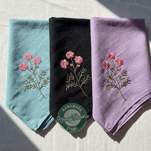 Custom Cosmos Flower Hand Embroidered Handkerchiefs Personalized Linen Floral Embroidered Hankie For Bridesmaid Handmade Wedding Gifts