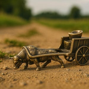 手作りの真鍮製牛車の置物、伝統的な中国の雄牛と樽の彫刻、家庭用ティールームの装飾に最適なアンティークスタイルのミニチュア