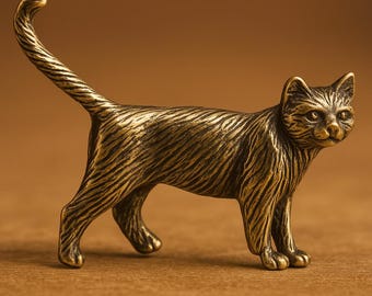 Mini brass cat figurine with antique finish handcrafted metal feline sculpture vintage-style animal totem for home or office decor gift idea