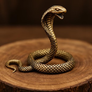 Vintage brass cobra statue in sacred snake totem style, handmade upright snake sculpture for mystical or spiritual decor