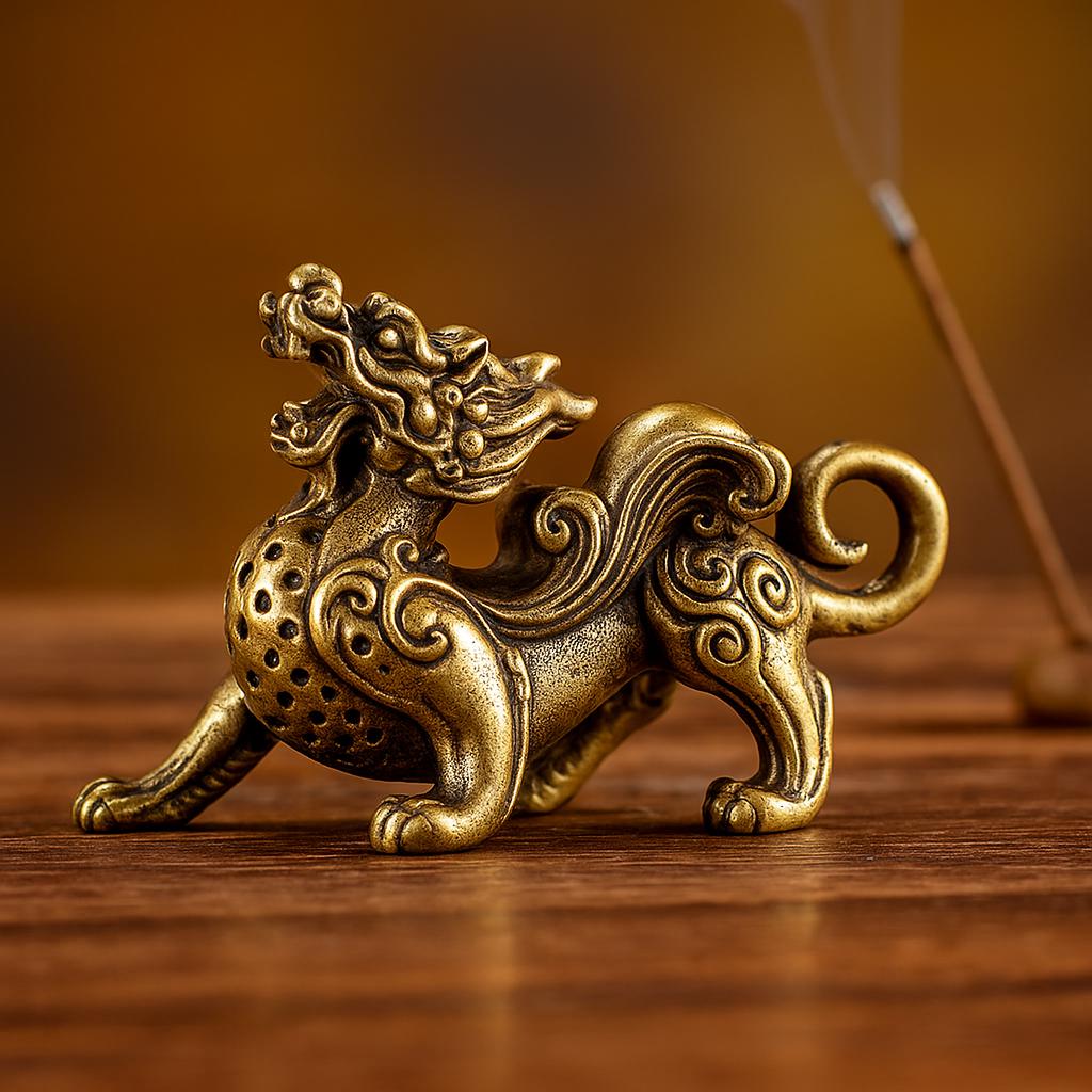 置物 pipi Brass Chinese Lion Pixiu Figurine With Antique Finish, Feng Shui