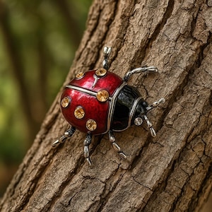 Red and Black Enameled Ladybug Brooch – Elegant Vintage Jewelry with Gold Rhinestones | Chic Fashion Accessory