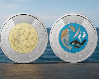 2024 Toonie Set Canada Inuit Nunangat Colored and Uncolored Coins Indigenous Arctic Culture Marine Life Commemorative Collector Duo