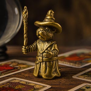 Brass Wizard Rat Figurine - Mini Fantasy Statuette 1.95 cm x 4.2 cm, Mage with Staff, Fantasy Decor, Handcrafted Figurine