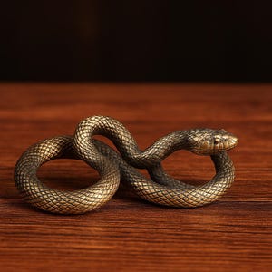 Brass coiled python figurine with antique finish, vintage snake sculpture, Feng Shui animal charm, home and office metal decor, unique gift