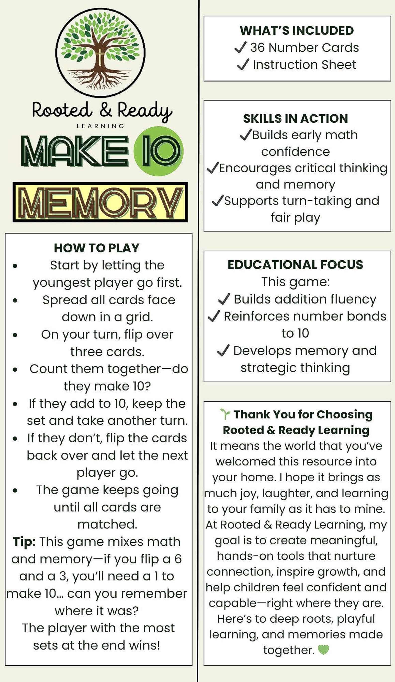 Memory Math Game Math Graphs Make 10 Memory Math Game – Digital Printable for Kids | Hands-on Math ...