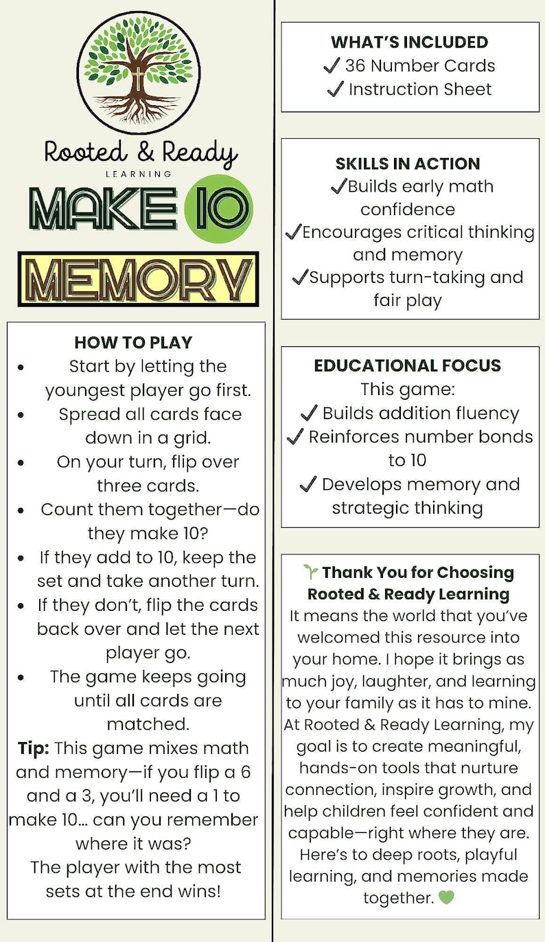 Make 10 Memory Math Game – Digital Printable for Kids | Hands-on Math ...