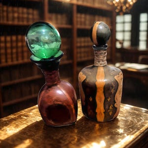 Vintage Style Leather-Clad Glass Bottles – Mid-20th Century Pair with Stopper Tops – Cottagecore Barware or Boho Décor