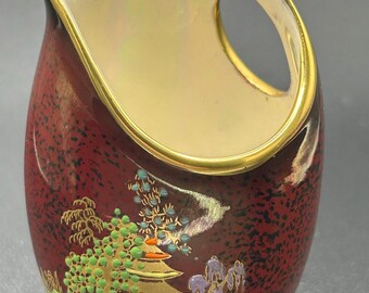 Jarrón vintage Crown Devon Fieldings / Cerámica con acabado brillante pintada a mano / Jarrón de cerámica con escena japonesa / Hecho en Inglaterra