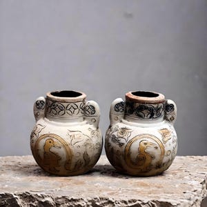 May include: Two white ceramic vases with intricate floral and bird designs. The vases have a slightly distressed finish and are decorated with gold and black accents.