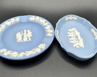 Vintage Wedgwood Jasperware Trinket Dish Set | Blue Jasper Jewellery Tray Pair | Cherub Classical Relief | Made in England