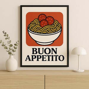Pôster digital Buon Appetito | Impressão de espaguete com almôndegas | Arte de parede para cozinha para impressão | Decoração de comida italiana