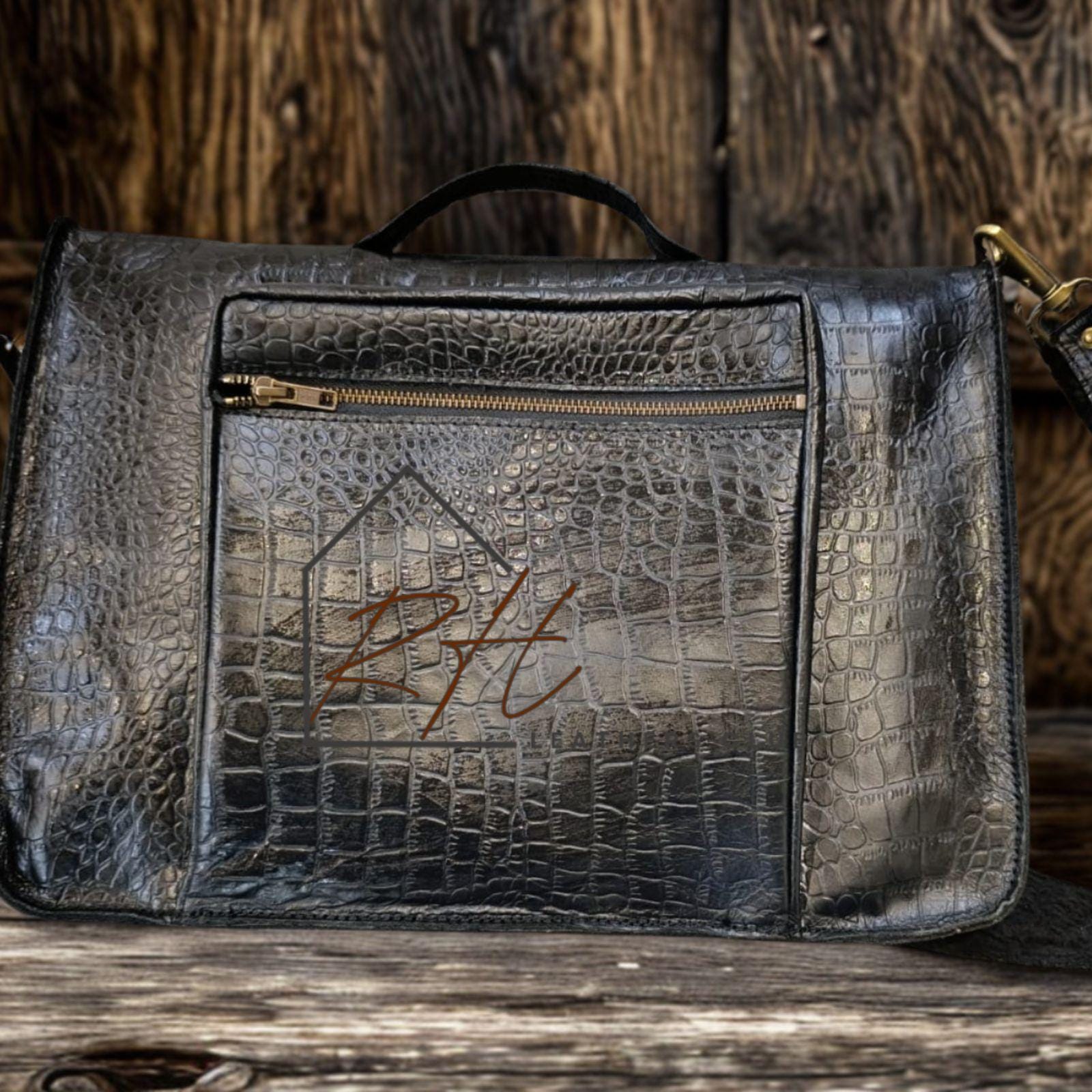 Crocodile Embossed Leather Laptop Bag: Top Handle & Shoulder  display picture 1