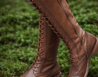 Vintage Tan Leather Riding Boots – Equestrian Lace-Up Design