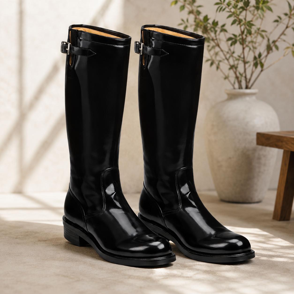 Handmade Black Leather Riding Boots - Knee High, Silver Buckle, Equestrian Style, Best gift for him.
