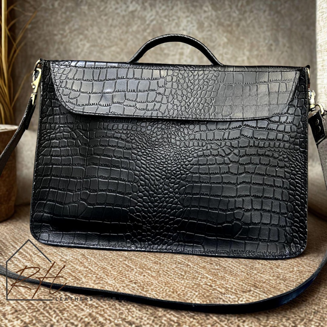 Genuine Leather Handmade Embossed Exotic Textured Crocodile Patchwork Laptop Bag Stylish Genuine Crocodile Embossed Calfskin Leather MacBook  main image 4