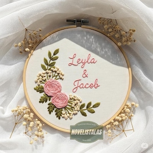 Wedding Rose Flower Hand Embroidered Hoop Art Custom Wedding Embroidery Hoop with Flowers and Names Personalized Embroidery Gift for Couple