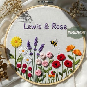Wildflowers and Bee Hand Embroidered Hoop Art Custom Wedding Embroidery Hoop with Flowers and Names Personalized Embroidery Gift for Couple