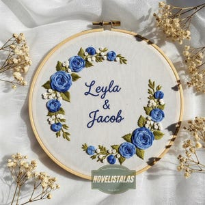Wedding Blue Rose Hand Embroidered Hoop Art Custom Wedding Embroidery Hoop with Flowers and Names Personalized Embroidery Gift for Couple
