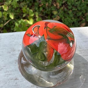 Puede incluir: Un pisapapeles de vidrio transparente con una base redonda y una parte superior esférica. La parte superior presenta un vibrante diseño floral rojo y verde. El pisapapeles está sobre una superficie blanca con un fondo verde.