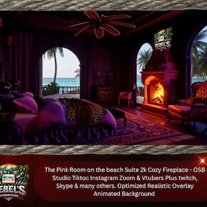 Może przedstawiać: Cyfrowe renderowanie różowego pokoju z widokiem na plażę. Pokój posiada łóżko, kominek i część wypoczynkową. Tekst na obrazie brzmi "REBEL'S WEB DESIGN STUDIO" oraz "The Pink Room on the beach Suite 2k Cozy Fireplace - OSB Studio Tiktoc Instagram Zoom & Vtubers Plus twitch, Skype & many others. Optimized Realistic Overlay Animated Background."