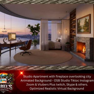 Puede incluir: Un estudio con chimenea, con vistas a una ciudad al atardecer. La habitación cuenta con un escritorio, una silla y una cama. La imagen incluye el texto "Studio Apartment with fireplace overlooking city".