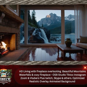 May include: A cozy living room scene with a fireplace and a view of a waterfall and mountains. The room has a wooden floor, a sofa, and a coffee table. The text on the bottom says "HD Living with fireplace overlooking Beautiful Mountains".