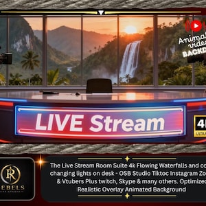 Könnte beinhalten: Ein Live-Stream-Raum-Suite mit einem Schreibtisch mit dem Text "LIVE Stream" in weißem Neon vor blauem Hintergrund. Der Hintergrund zeigt einen Wasserfall und einen Sonnenuntergang. Der Text "Animated video BACKDROP" und "4K ULTRA HD" ist enthalten.