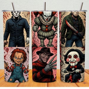 Halloween Horror Digital Tumbler Wrap PNG – Scary Movie Villains Spooky Gift 20oz Skinny Tumbler Wrap – Digital Download Sublimation