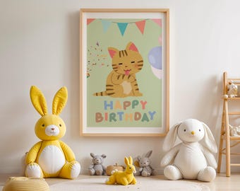 May include: A framed print with a cartoon cat illustration that says "Happy Birthday". A large yellow stuffed bunny sits to the left, with other stuffed animals in front of a wooden shelf.