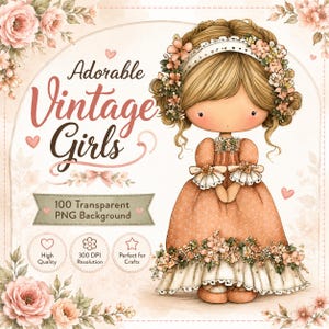 100 PNG akvarell bedårande vintageflickor clipart set | Viktorianska dockillustrationer, Shabby Chic Retro Clipart för hantverk och scrapbooking
