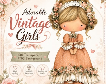 May include: A digital illustration of a vintage girl with blonde hair, wearing a peach-coloured dress adorned with flowers. The image includes text that reads "Adorable Vintage Girls" and "100 Transparent PNG Background."