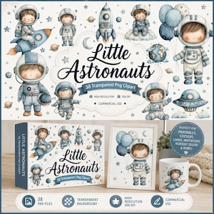 Może przedstawiać: Kolekcja akwarelowych ilustracji przedstawiających małych astronautów, rakiety, planety i gwiazdy. Obraz zawiera zestaw pudełek, oprawiony wydruk i kubek z motywami astronautów. Tekst brzmi "Little Astronauts" i "38 Transparent Png Clipart".