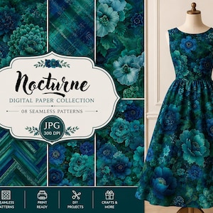 Nocturne Floral Digital Paper – 8 Seamless Patterns, Dark Blue Green Floral, Elegant Backgrounds