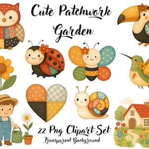 Clipart d'oiseaux mignons à l'aquarelle, oiseaux mignons, oiseaux patchwork, clipart d'oiseaux, oiseaux, hibou, fleur, coccinelle, papillon, cœur, escargot