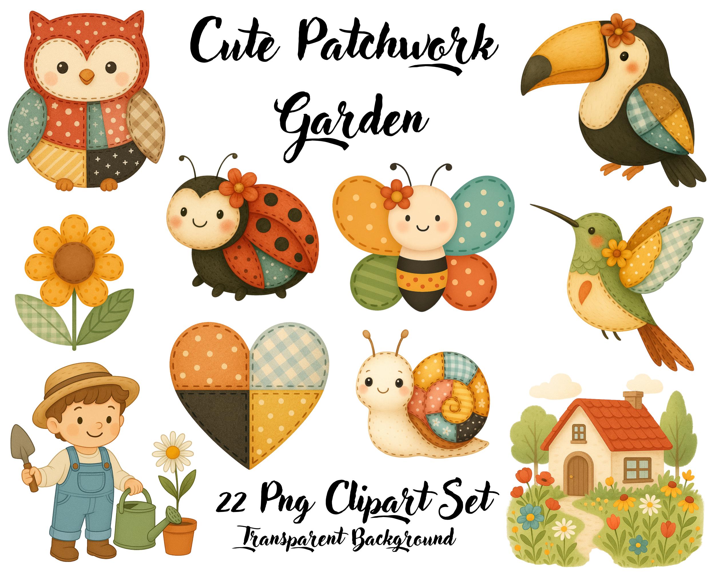 Watercolor Cute Birds Clipart, Cute Birds, Patchwork Birds, Birds Clipart, Birds, Owl, Flower, Ladybird, Butterfly, Heart, Snail