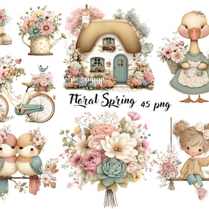 Puede incluir: Colección de ilustraciones en acuarela con temas de primavera y flores. Incluye una cabaña, una bicicleta, pájaros, un ganso, una niña en un columpio y ramos, todos adornados con flores. También está presente el texto "Floral Spring 45 png".